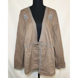 Venezia Brown Turquoise Beaded Boho Open Front Tie Blouse Top Women's Plus 26/28